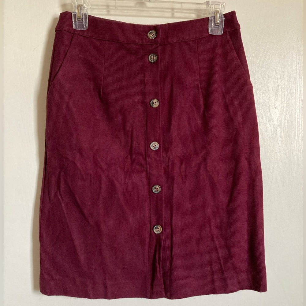 •Skies Are Blue Anthro Burgundy Corduroy Button Front Small Pencil Skirt #L